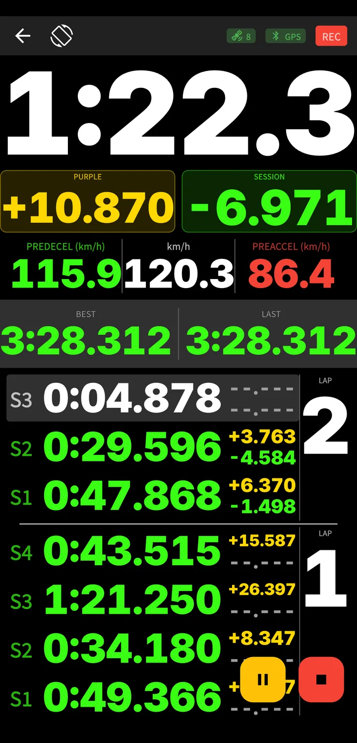 Recording in progress: a large running lap time above the purple and session deltas, the best and last sector strips, and the pause and stop buttons