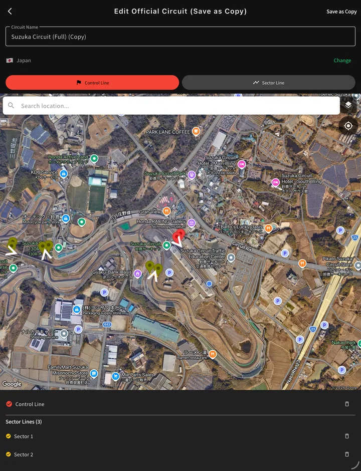 The circuit editor: the line markers placed across the track on the satellite view, above the list of lines already placed — one control line and three sector lines