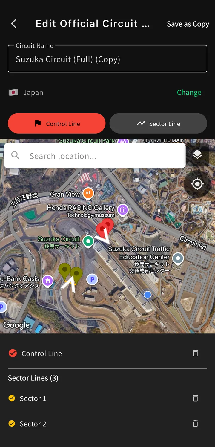 The circuit editor: the line markers placed across the track on the satellite view, above the list of lines already placed — one control line and three sector lines