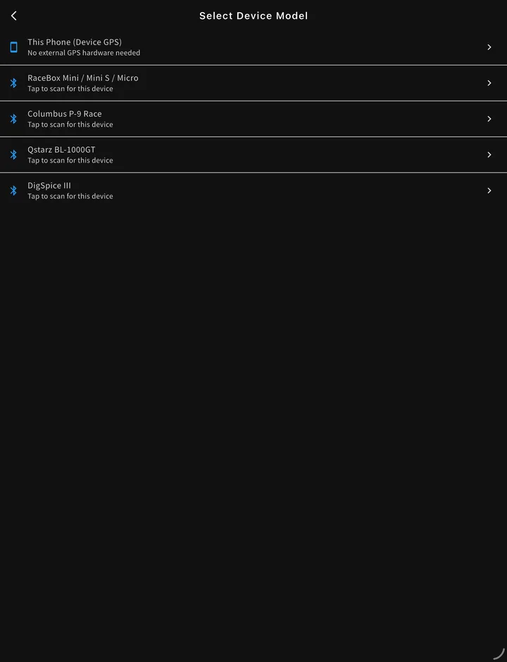 The GPS source list, with “This Phone (Device GPS)” at the top and the four supported Bluetooth receivers below it