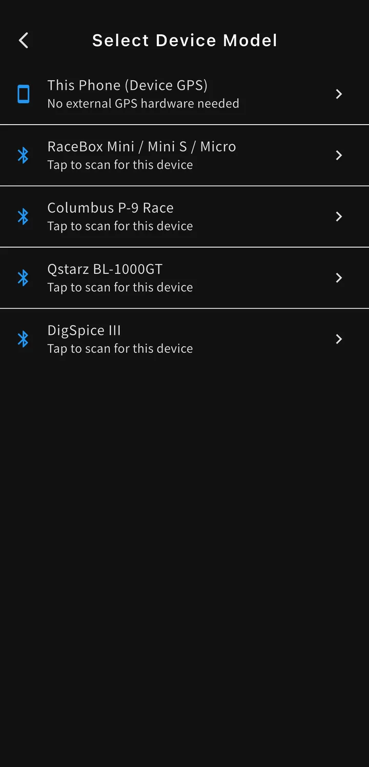 The GPS source list, with “This Phone (Device GPS)” at the top and the four supported Bluetooth receivers below it