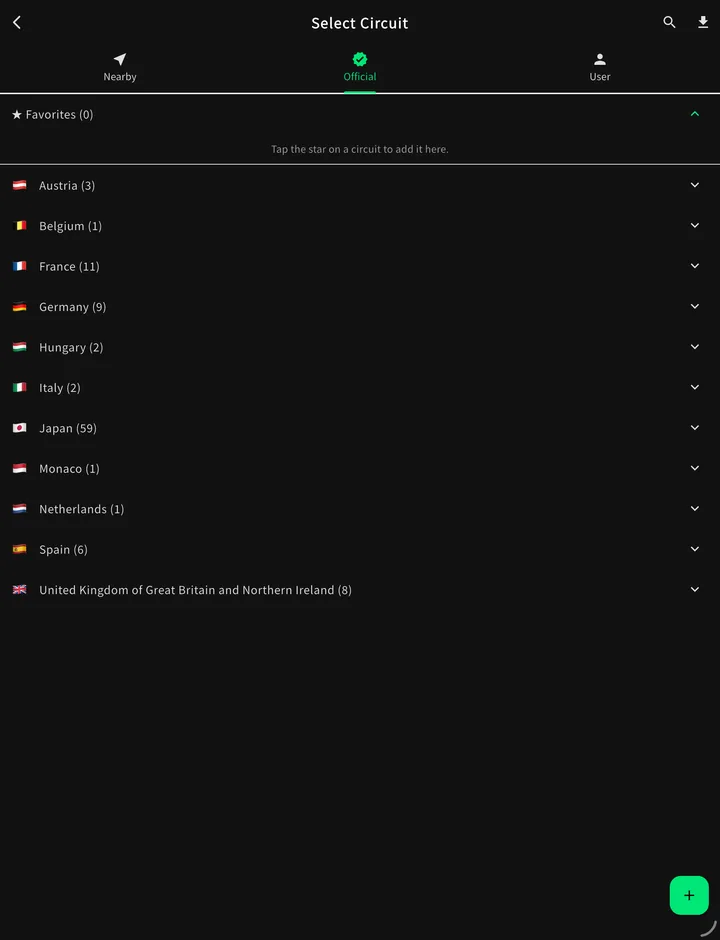 The circuit list, with the favourites section at the top and the built-in layouts grouped by country