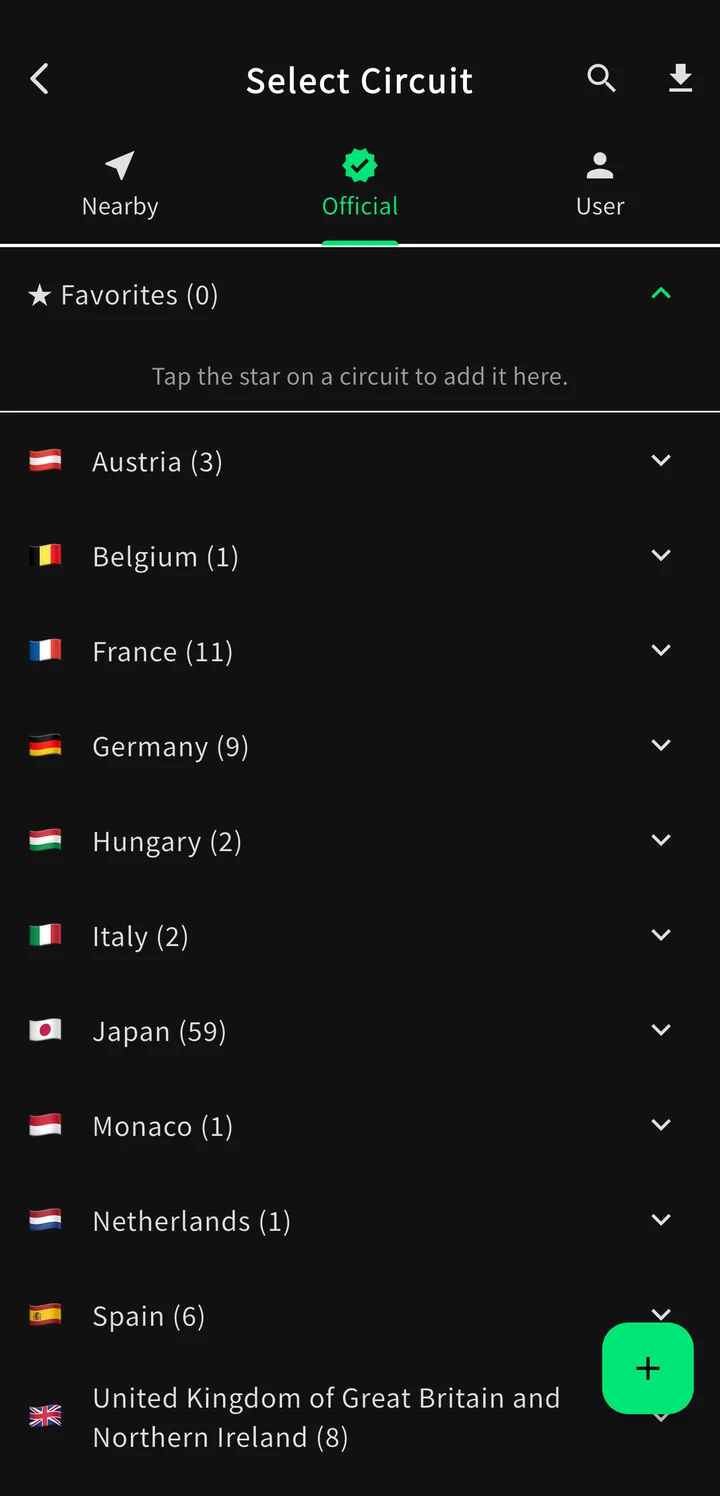 The circuit list, with the favourites section at the top and the built-in layouts grouped by country