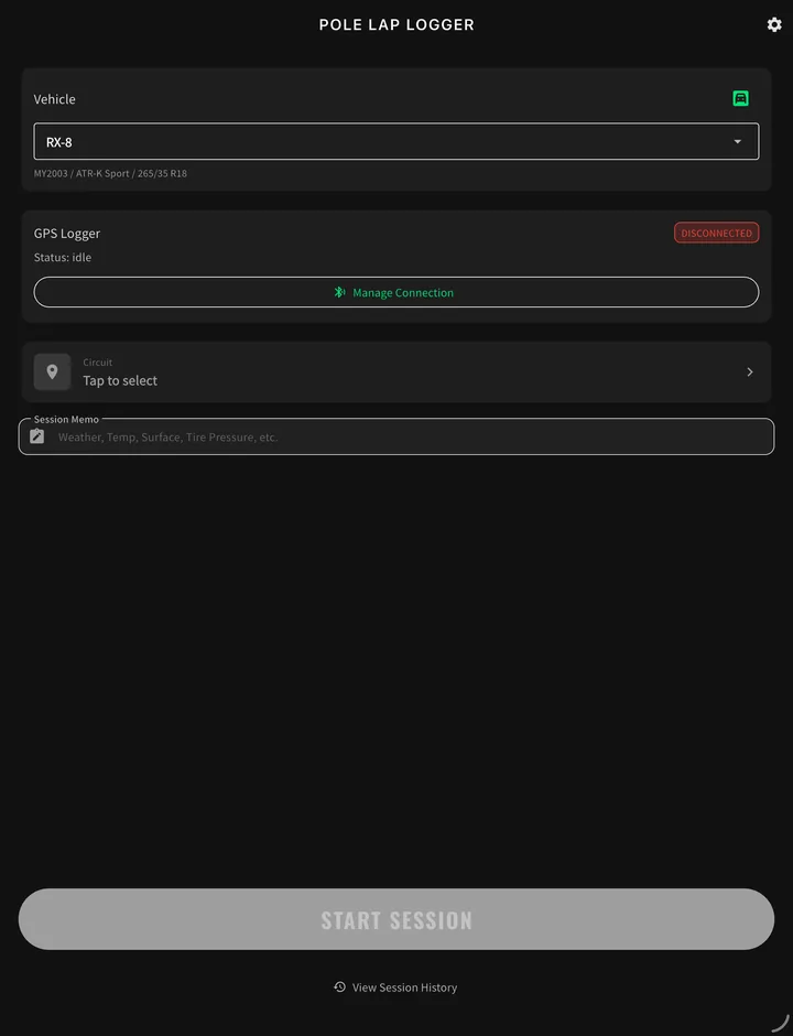 The home screen, with the vehicle, the GPS logger status, the circuit picker, the session memo field and the start button