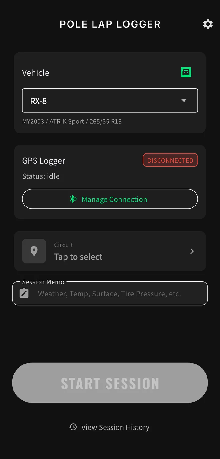The home screen, with the vehicle, the GPS logger status, the circuit picker, the session memo field and the start button